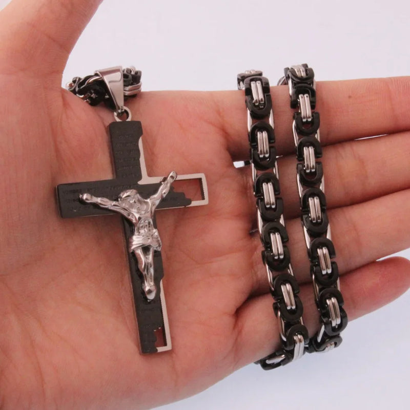 Stainless Steel Cross Pendant Necklace Byzantine Chain
