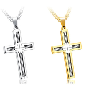 Stainless Steel Cross Wire Pendant Necklace Men Women Jewelry