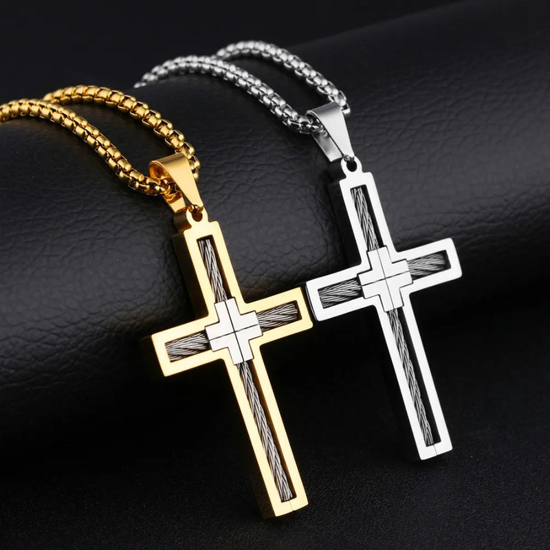 Stainless Steel Cross Wire Pendant Necklace Men Women Jewelry