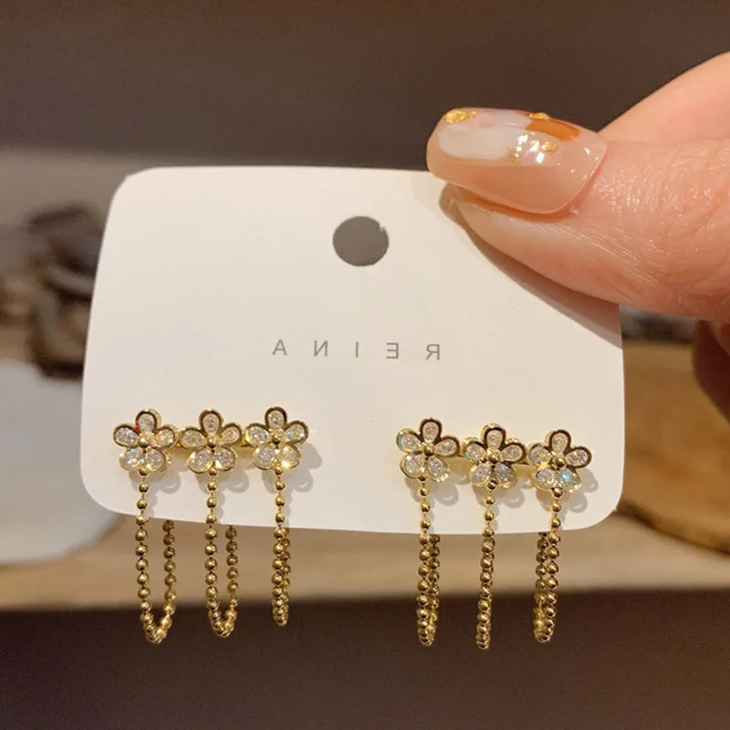 Fairy Chain Tassel Flower Earrings with Zircon