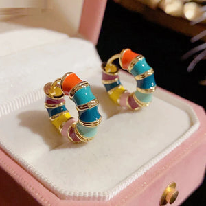 14K Plating Round Hoop Earrings with Enamel Ear Buckle