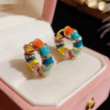 14K Plating Round Hoop Earrings with Enamel Ear Buckle