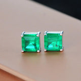 8x8mm Emerald Tourmaline Stud Earrings Two Tone Plated 925 Sterling Silver
