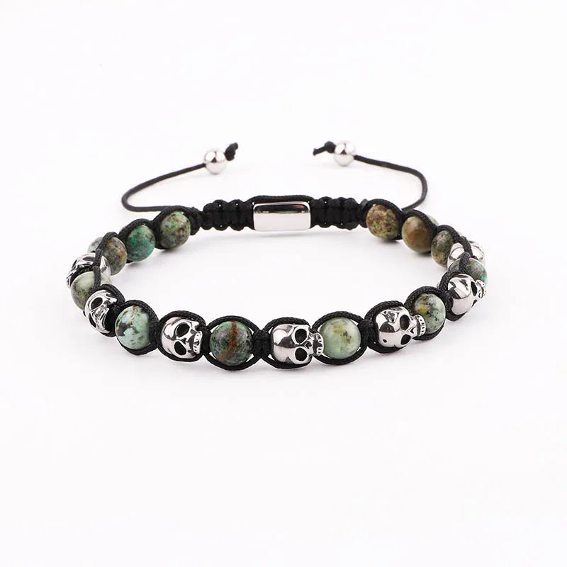 Vintage Stainless Steel Skull Beaded Macrame Bracelet Men Gift