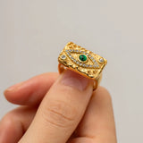 Stainless Steel CZ Malachite Eye Engagement Ring for Women