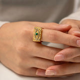 Stainless Steel CZ Malachite Eye Engagement Ring for Women