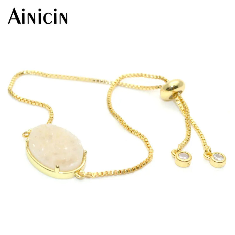 Drusy Crystal Oval Charms Box Chain Bracelet Adjustable Women Bangle