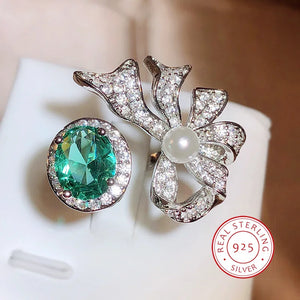 925 Silver Bow Pearl Green Diamond Zircon Ring
