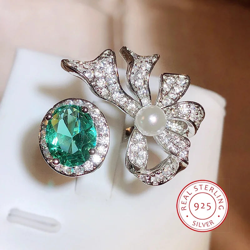 925 Silver Bow Pearl Green Diamond Zircon Ring