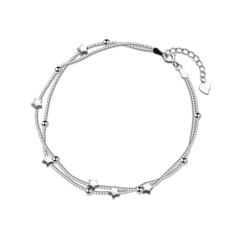 925 Sterling Silver Double Layer Anklet Stars Bohemian Beach Jewelry