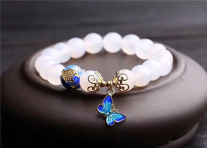10mm Agate Stone Bracelet with Metal Butterfly Pendant