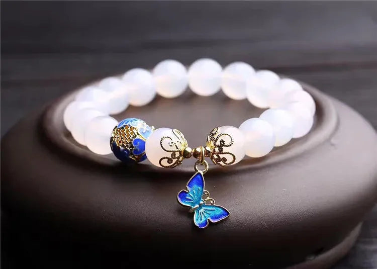 10mm Agate Stone Bracelet with Metal Butterfly Pendant