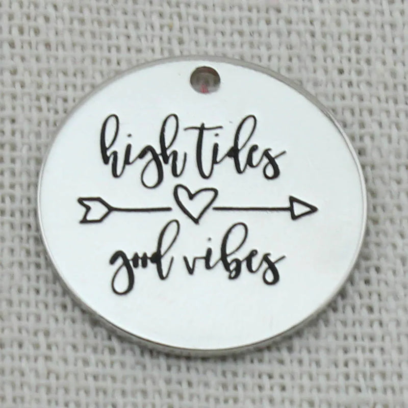High Tides Good Vibes Pendant Necklace, Laser Engraved Charm