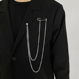 Crystal Tasser Brooch Long Chain Men Suit Scarf Buckle Collar Pin