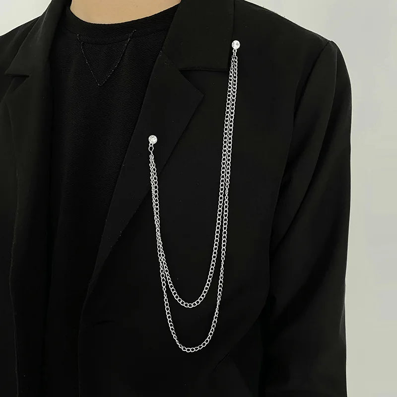 Crystal Tasser Brooch Long Chain Men Suit Scarf Buckle Collar Pin