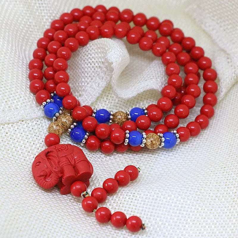 Red Cinnabar 6mm 108 Beads Bracelet with Elephant Pendant