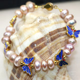 9-10mm Purple Pearl Beads Butterfly Bracelet Cloisonne Jewelry