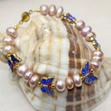 9-10mm Purple Pearl Beads Butterfly Bracelet Cloisonne Jewelry