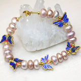 9-10mm Purple Pearl Beads Butterfly Bracelet Cloisonne Jewelry