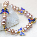 9-10mm Purple Pearl Beads Butterfly Bracelet Cloisonne Jewelry