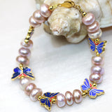 9-10mm Purple Pearl Beads Butterfly Bracelet Cloisonne Jewelry