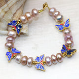 9-10mm Purple Pearl Beads Butterfly Bracelet Cloisonne Jewelry