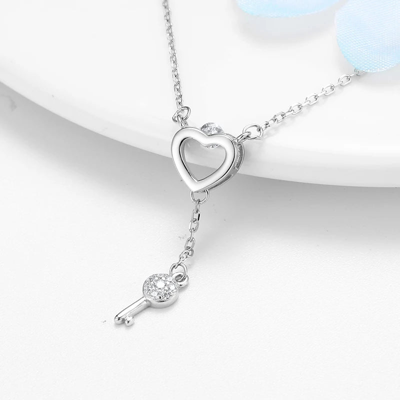 925 Silver Clavicle Chain Heart & Key Necklace Gift for Her