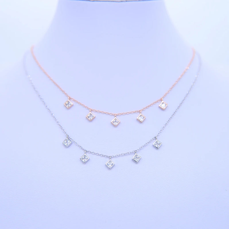 925 Silver CZ Charm Drop Choker Necklace