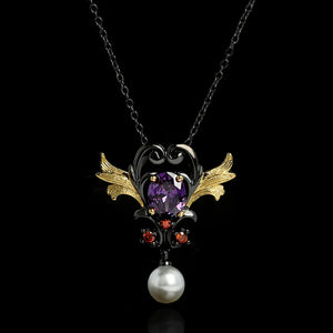 Purple Zircon Pearl Pendant Necklace Two-color Inlay