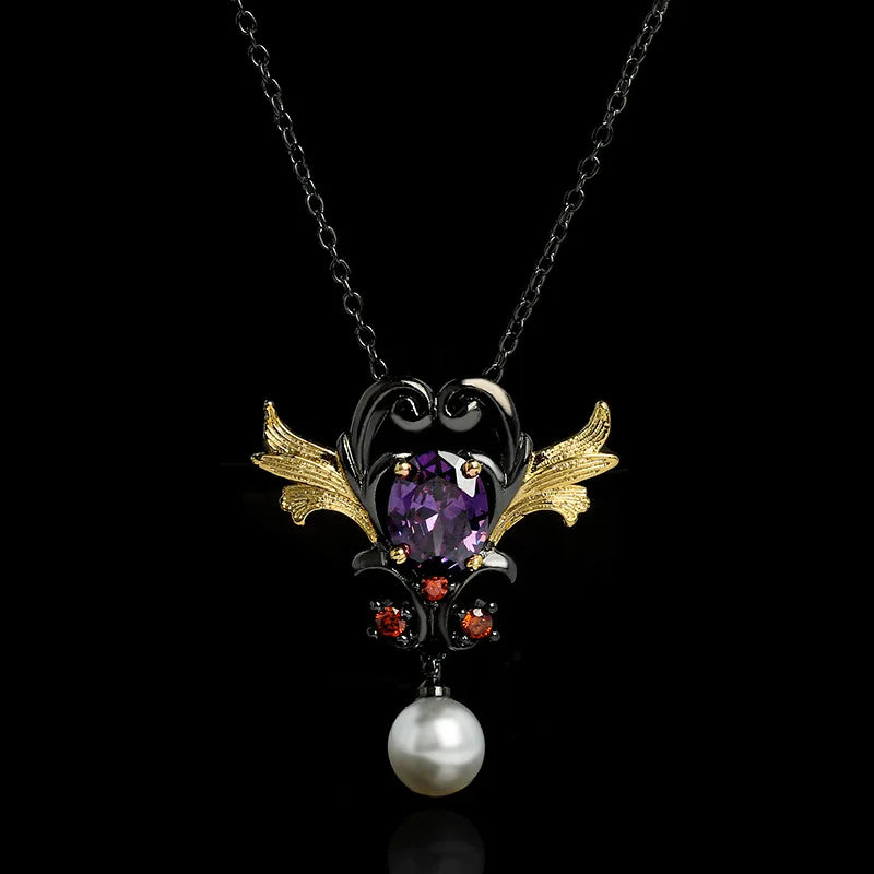 Purple Zircon Pearl Pendant Necklace Two-color Inlay