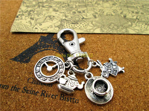 Teapot with Teacup Clock Rabbit Keychain