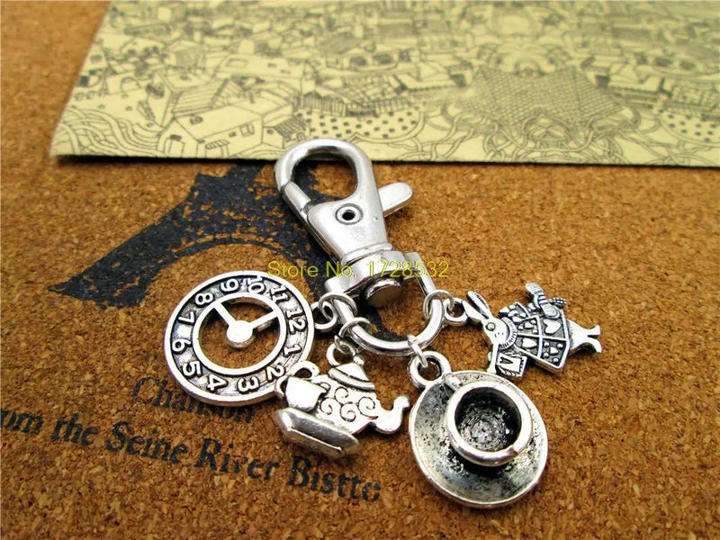 Teapot with Teacup Clock Rabbit Keychain