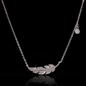Zircon Inlaid Leaf Necklace with Feather Pendant