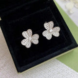 925 Silver Trefoil Earrings with Diamond Lucky Grass European American Jewelry