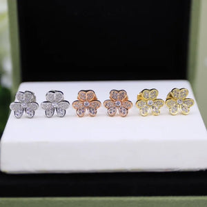 925 Silver Trefoil Earrings with Diamond Lucky Grass European American Jewelry