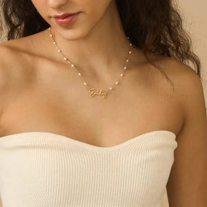 Unique Name Pendant Necklace Silver Stainless Steel Oval Pearl Collar