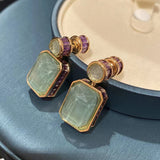 Peridot Green Gem Earrings with Purple CZ Retro Jewelry