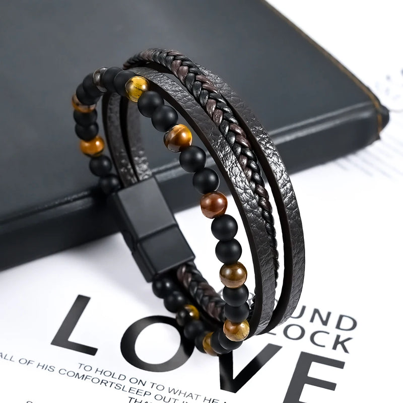 Tiger's Eye Volcanic Stone Leather Bracelet Men's Jewelry