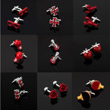 Men's Red Cufflinks Set with Cross, Music Symbols, and Extinguisher Design