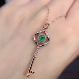 Natural Emerald Key Pendant Necklace 925 Sterling Silver Wedding Jewelry