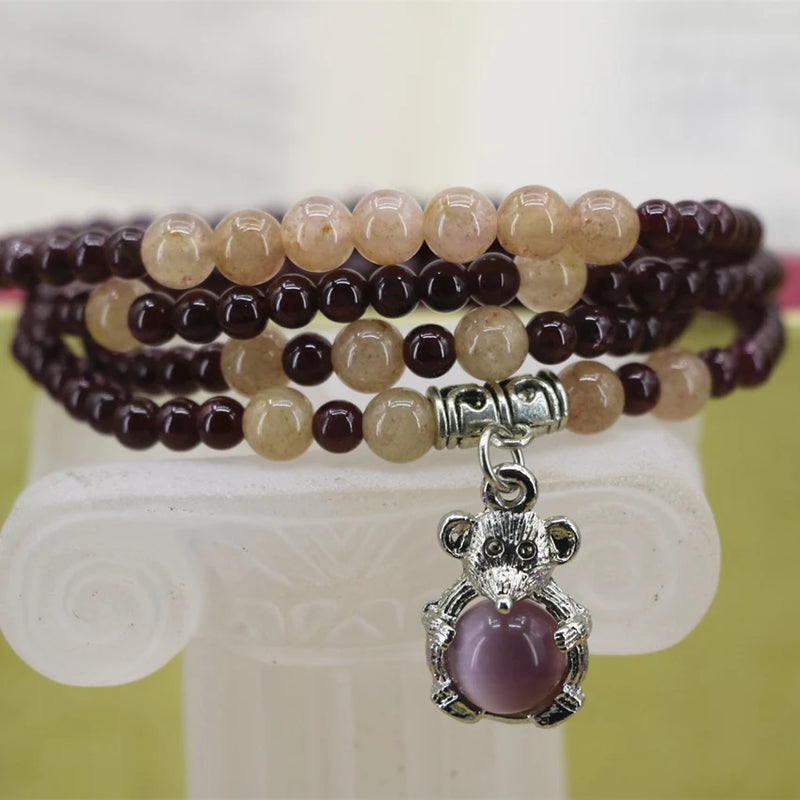 Garnet Round Beads Strand Bracelet Sunstone Mouse Pendant Jewelry