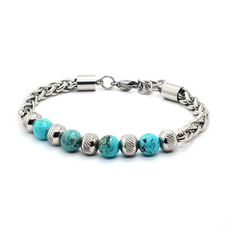 Personalized Stainless Steel Chain Green Pine Tiger's Eye Charm Bracelet