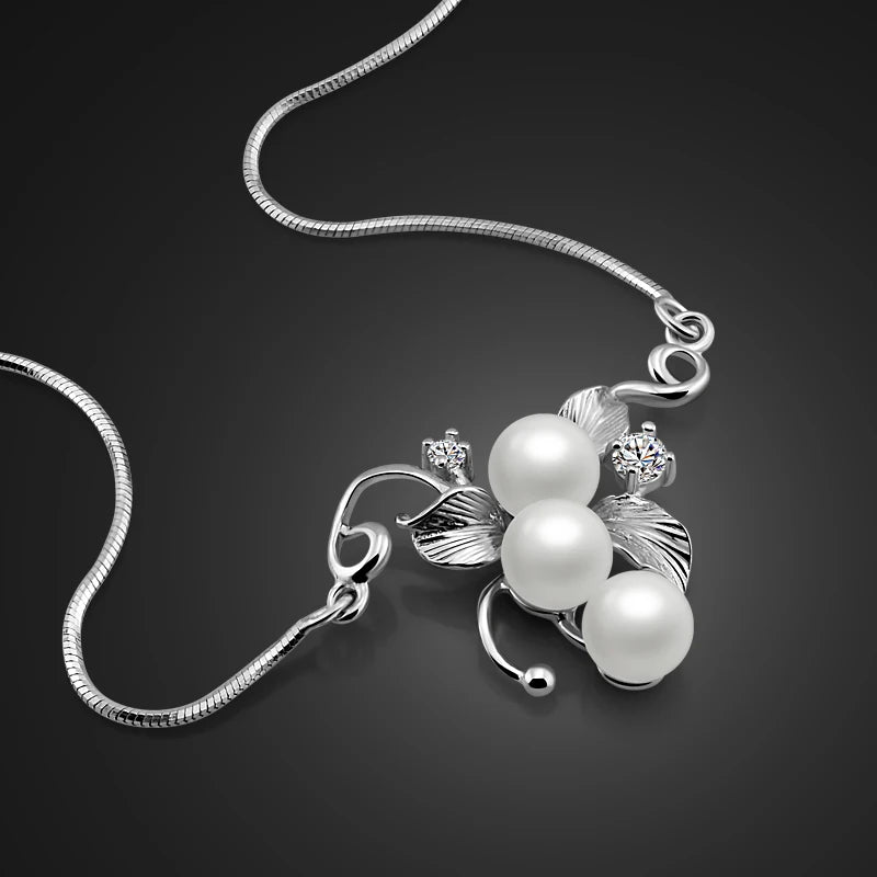 925 Silver Flower Pendant Necklace Charm Lady Pearl Necklace