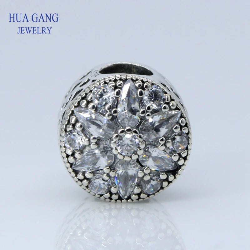 925 Silver Winter Snowflakes Round Beaded Jewelry Cubic Zirconia Crystal