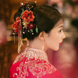 Chinese Red Velvet Flower Ancient Costume Hanfu Hair Accessories