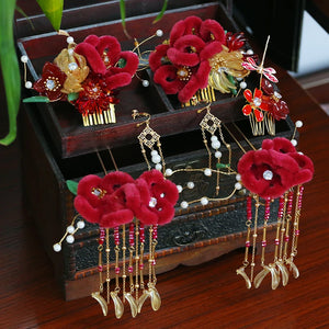 Chinese Red Velvet Flower Ancient Costume Hanfu Hair Accessories