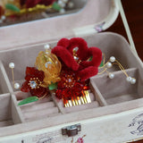 Chinese Red Velvet Flower Ancient Costume Hanfu Hair Accessories