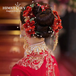 Chinese Red Velvet Flower Ancient Costume Hanfu Hair Accessories