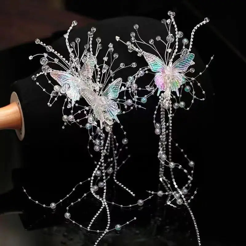 Vintage Butterfly Flower Hairpins Long Tassel Wedding Headwear