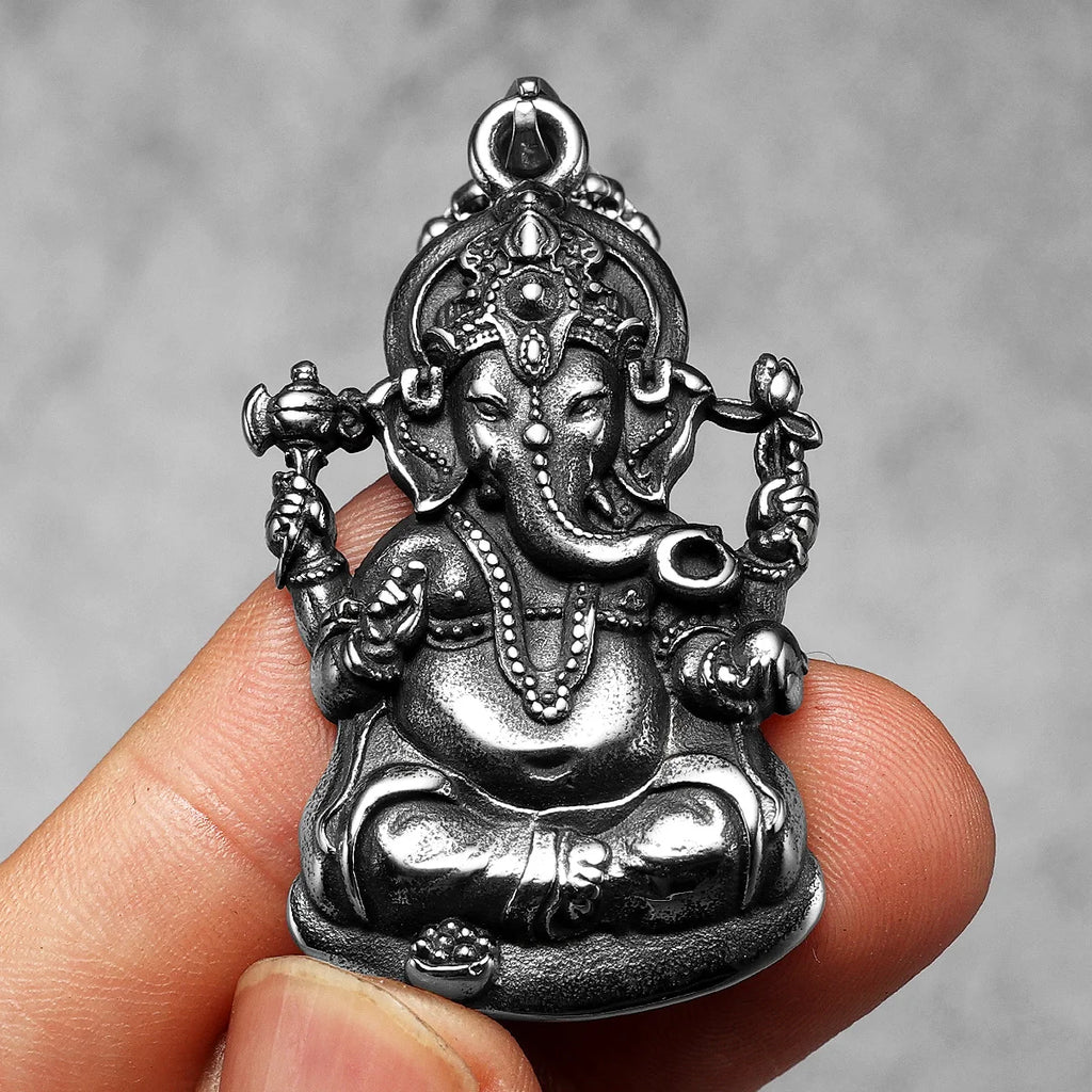 Hindu Ganesha Pendant Necklace Stainless Steel Amulet Punk Rock Vintage